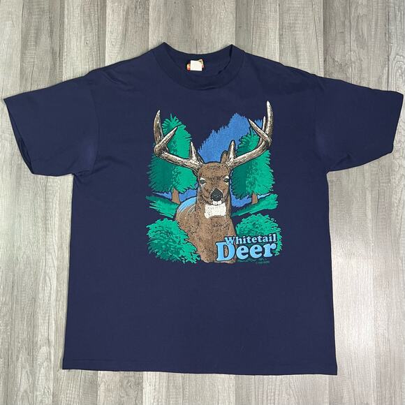 Vintage 90s Whitetail Deer TSI Navy T-Shirt Navy Single Stitch XL - Picture 2 of 11